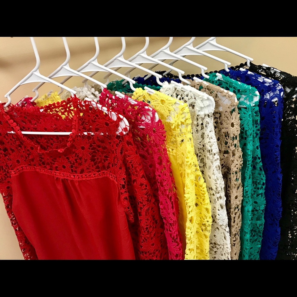 Chiffon blouse w/Crochet slv/shoulder/bottom PINK