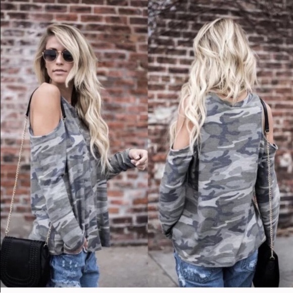 Tops - Brand New Cold Shoulder Camaflauge Long Sleeve Top