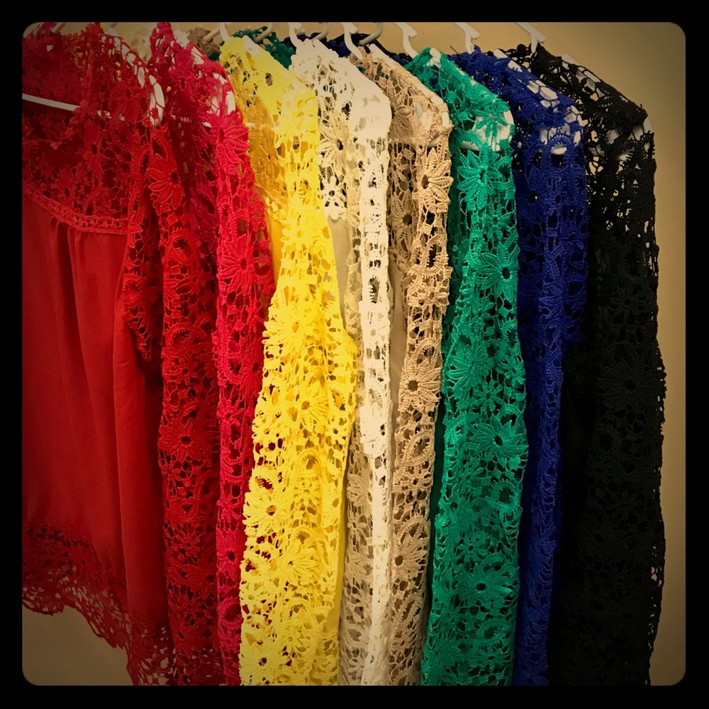 Chiffon blouse w/Crochet slv/shoulder/btm YELLOW