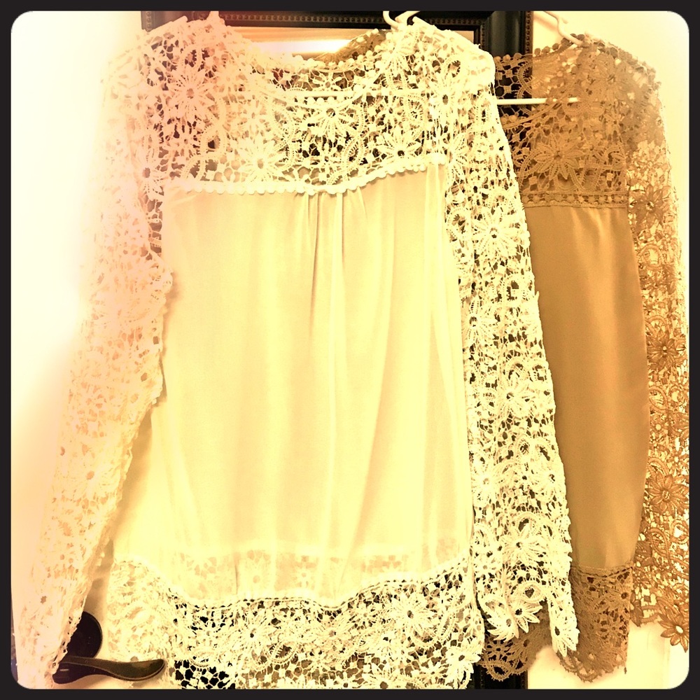 Chiffon blouse w/Crochet slv/shoulder/btm KHAKI