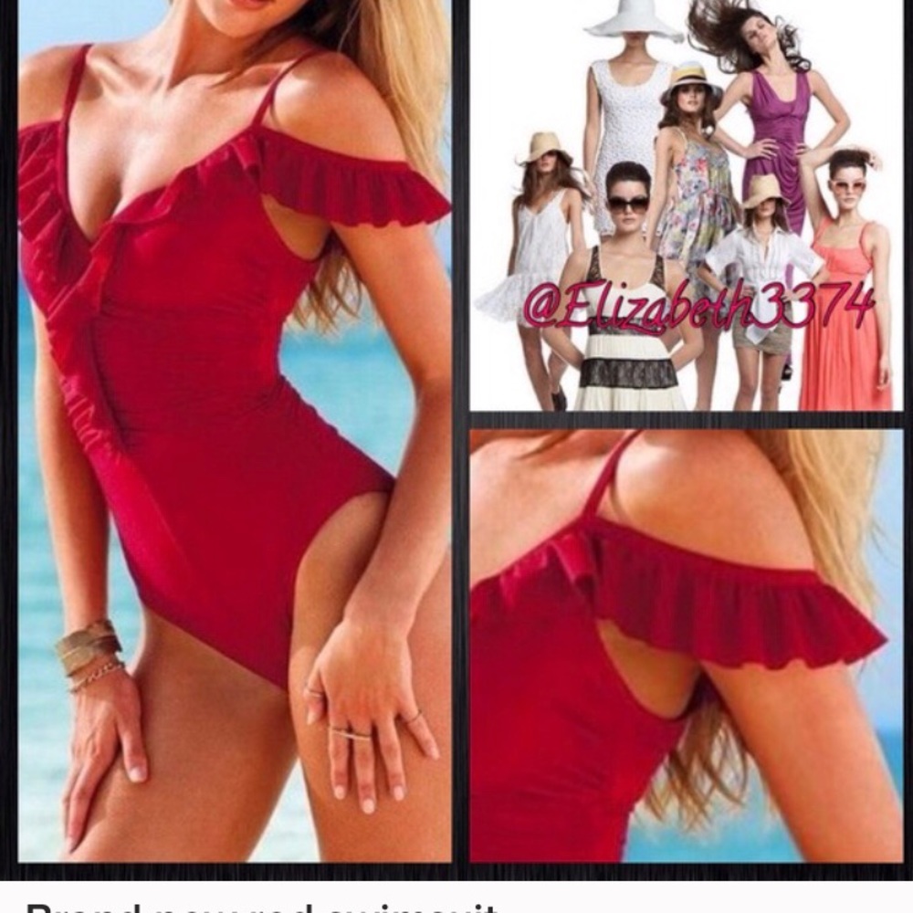Red one piece bathing suit.