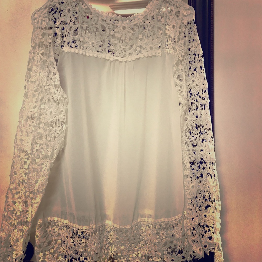 Chiffon blouse w/Crochet slv/shoulder/btm WHITE