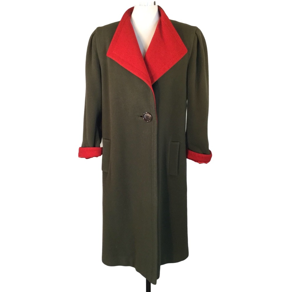 80s Army Green Red Lined Big Shoulders Coat L