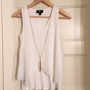 White tank sheer overlay + gold necklace connected