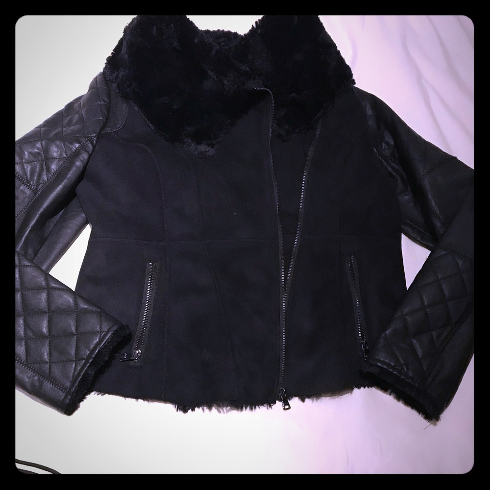 Black faux fur color and leather jacket
