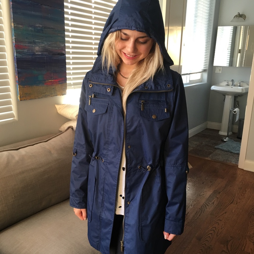 fitted navy rain coat
