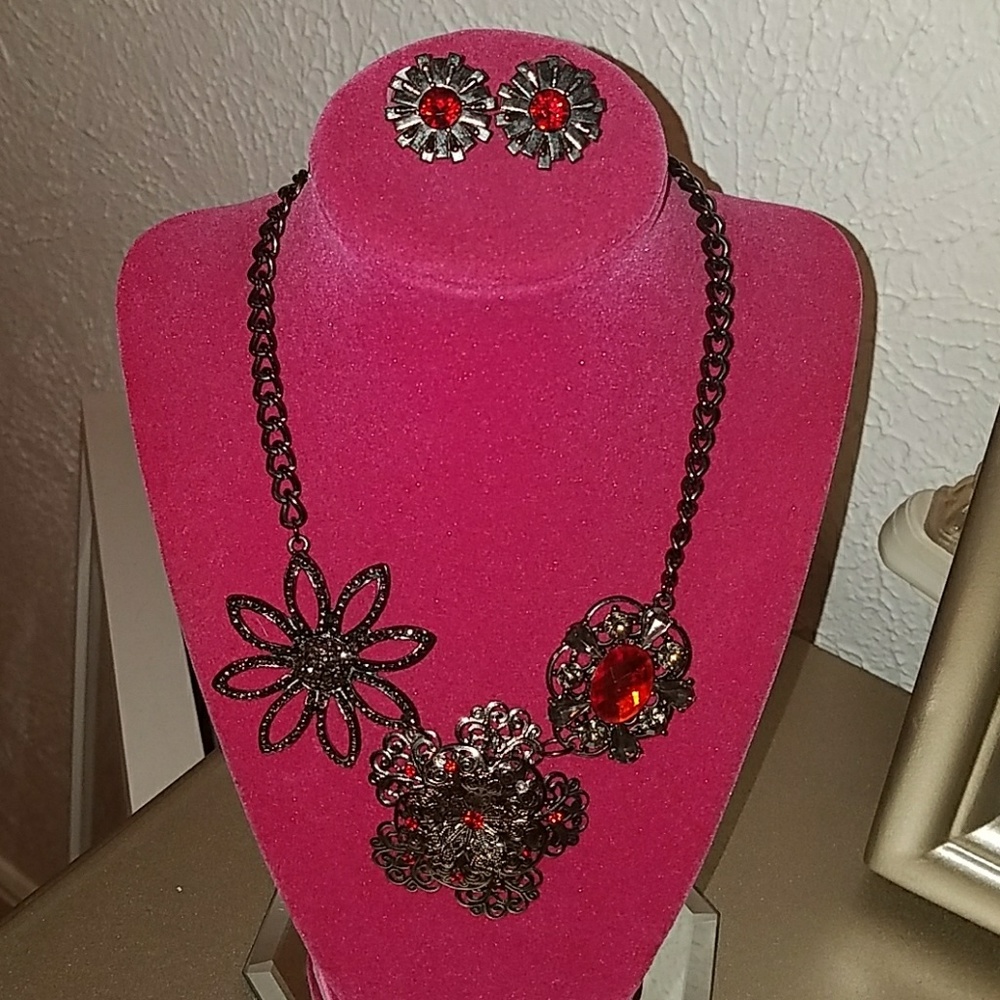 Dark chrome necklace & earring set w/ red stones