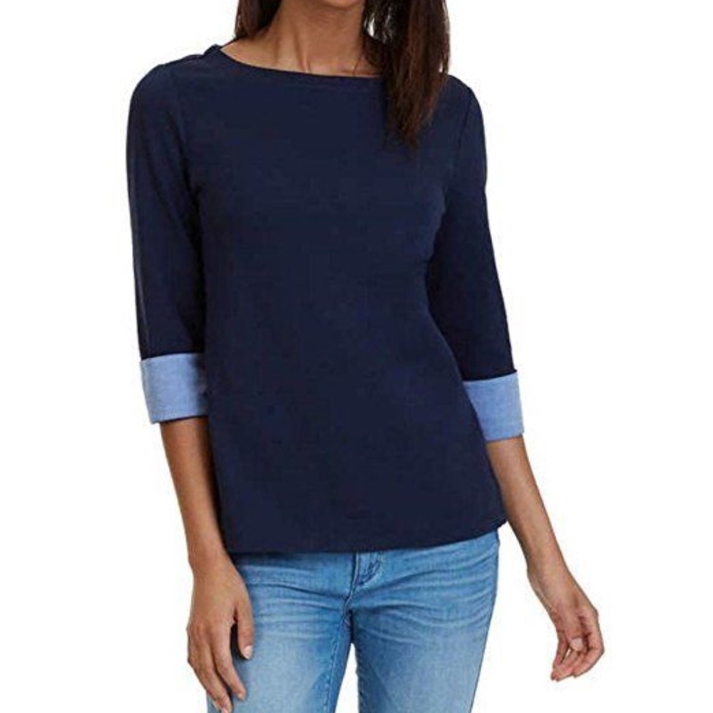 Nautica Chambray Casual Cuff Top 3/4 Sleev Top