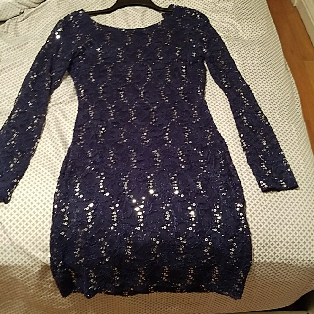Dark blue lace bodycon dress w/silver embellishmen
