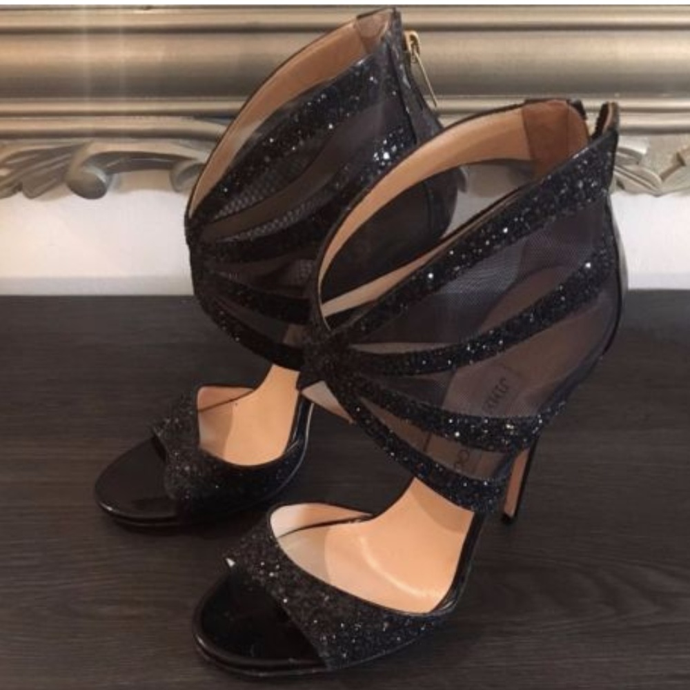 Auth Jimmy Choo Black Glitter Mesh Illusion Heels