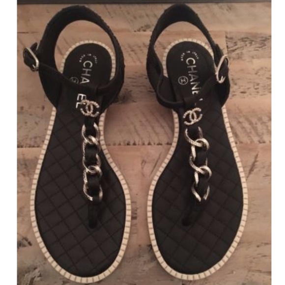 *SOLD*NEW Auth Chanel Black CC Silver Chain Sandal - Picture 1 of 8