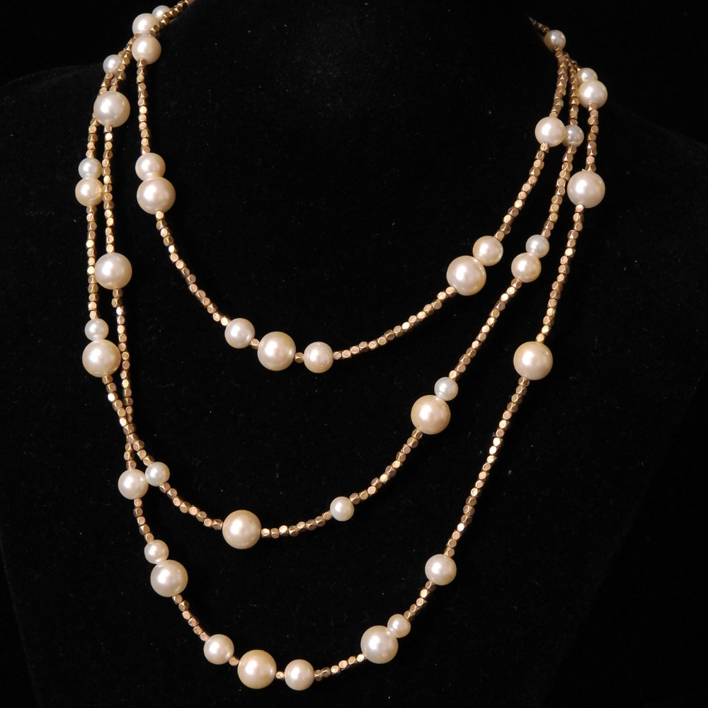 NWOT 3 tier gold / pearl beaded necklace WHBMN19nc - Picture 1 of 4