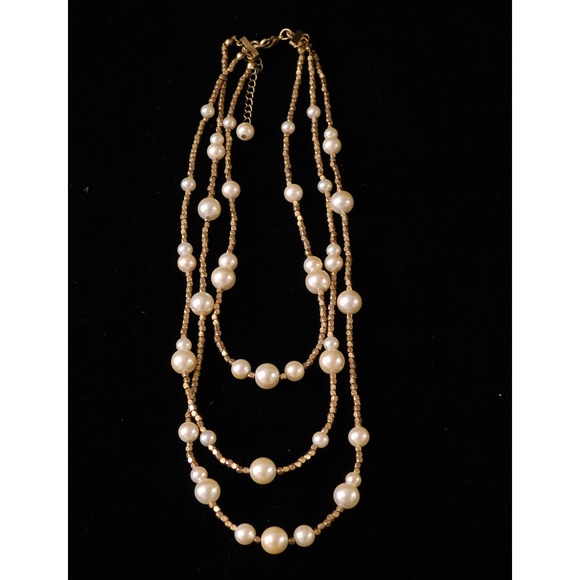 NWOT 3 tier gold / pearl beaded necklace WHBMN19nc - Picture 2 of 4