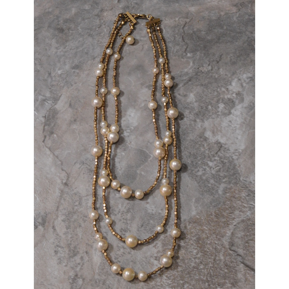 NWOT 3 tier gold / pearl beaded necklace WHBMN19nc - Picture 3 of 4