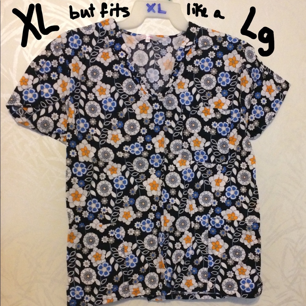 i💗scrubs Black Floral Sz Lg V-Neck Scrub Top
