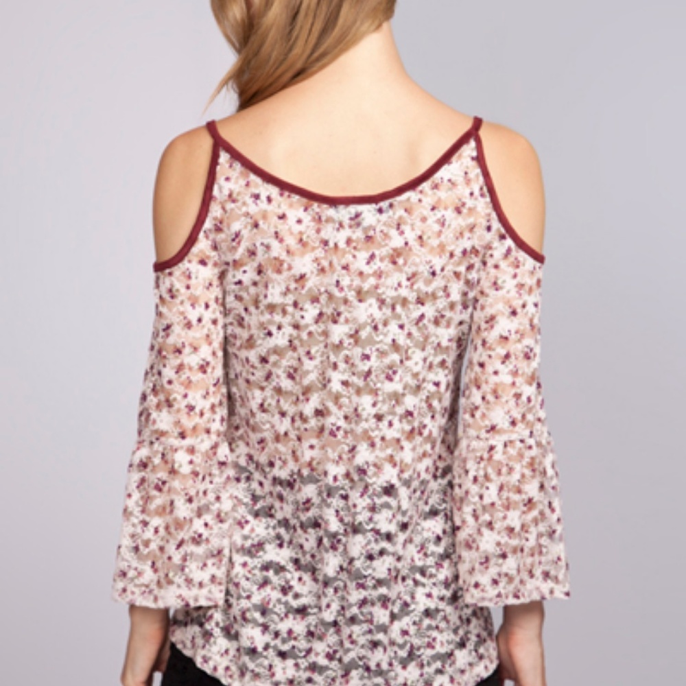 Umgee Top Size S M L Wine Floral Lace Whimsygoth Cold Shoulder Womens Shirt New - Picture 3 of 4