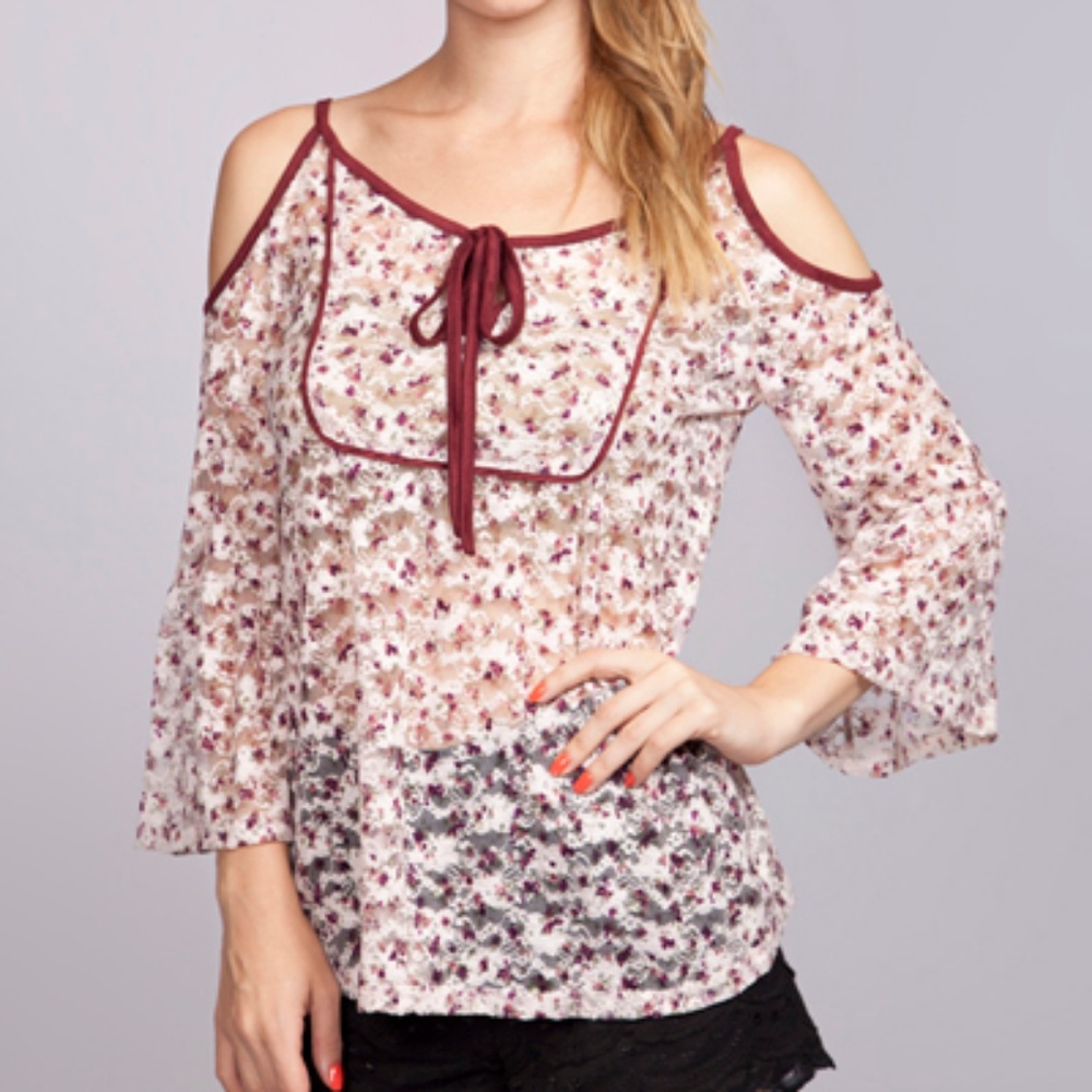 Umgee Top Size S M L Wine Floral Lace Whimsygoth Cold Shoulder Womens Shirt New - Picture 1 of 4