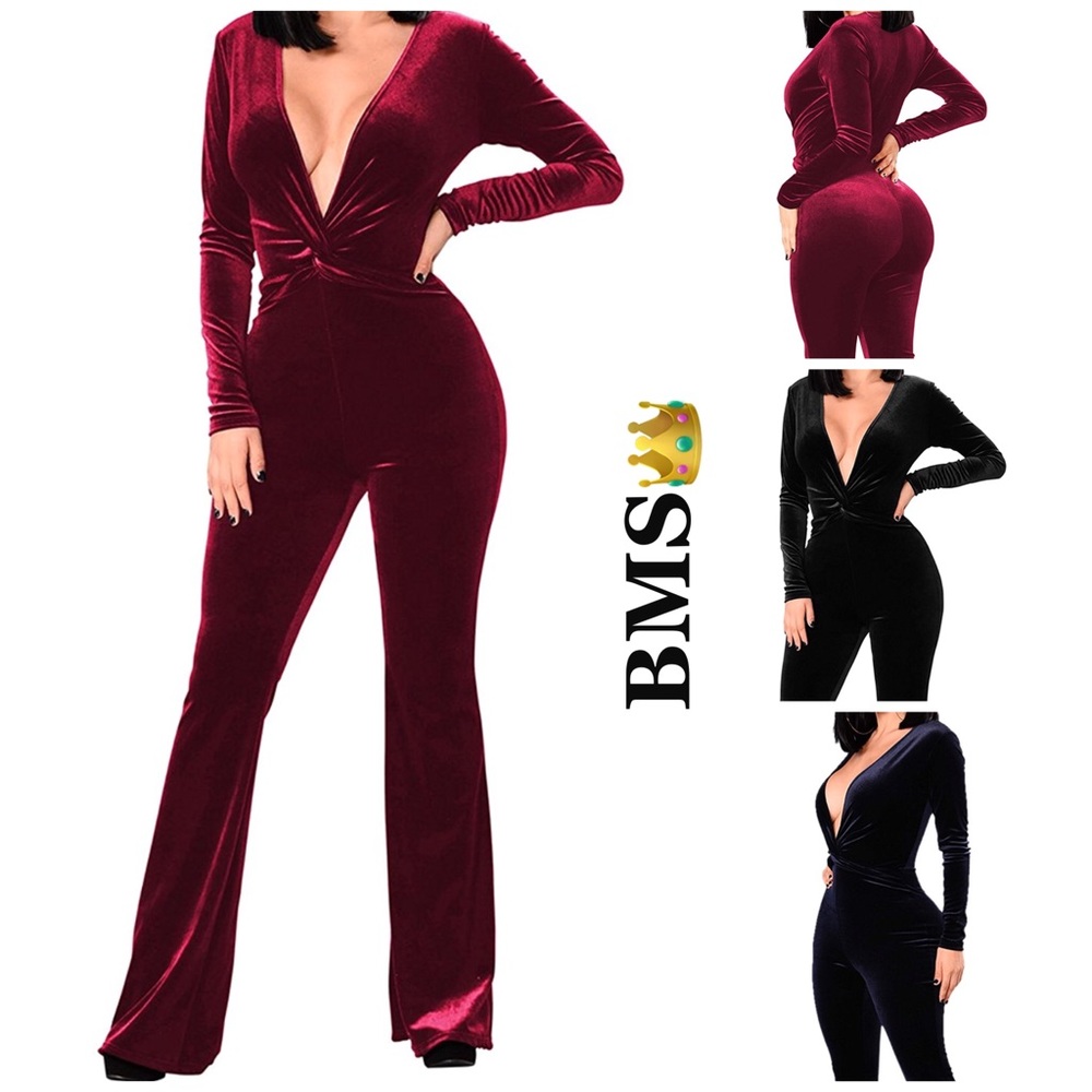 *NEW* Velour Deep V Neck Jumpsuit