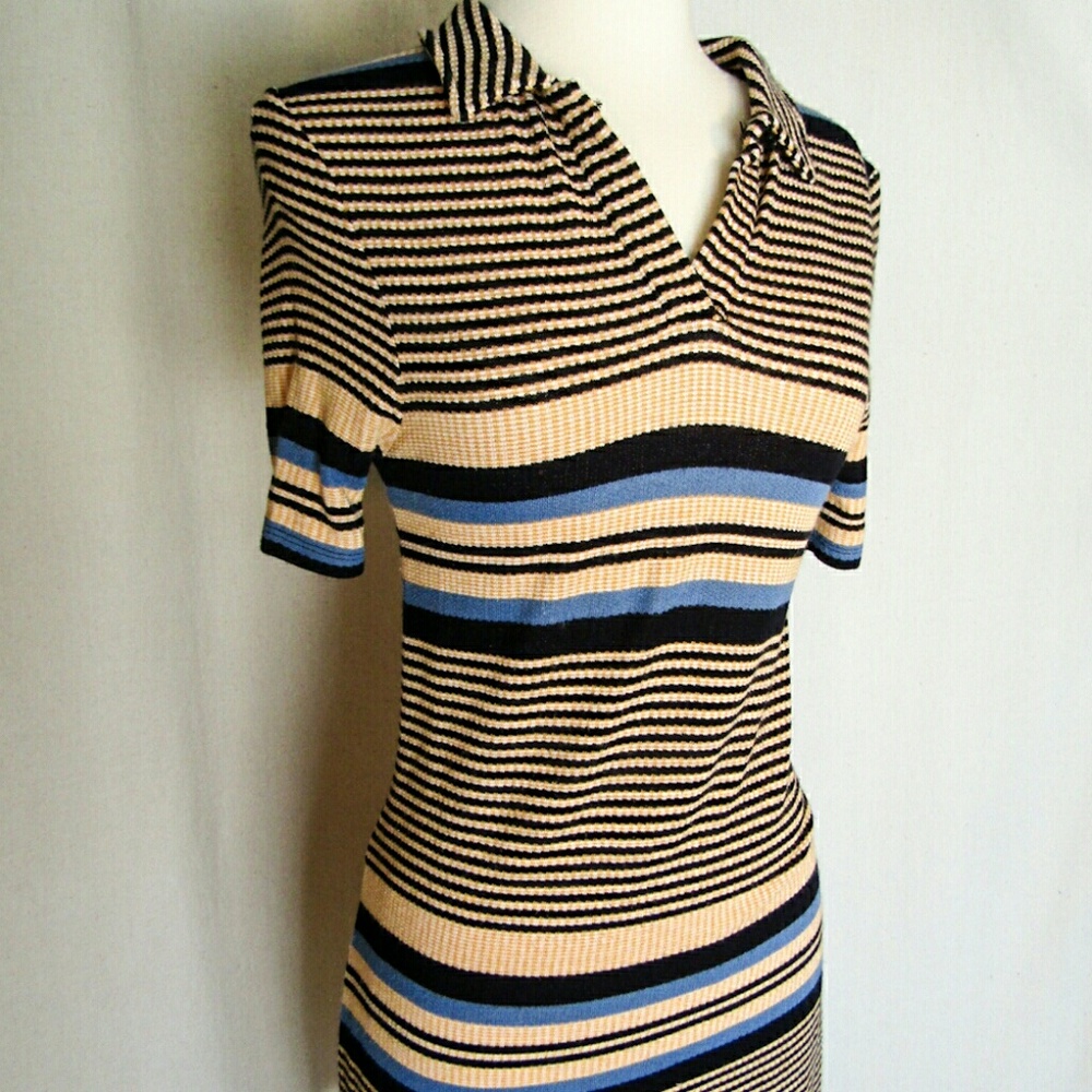 ZARA CASUAL DRESS IN CREAM BLUE AND BLACK STRIPS