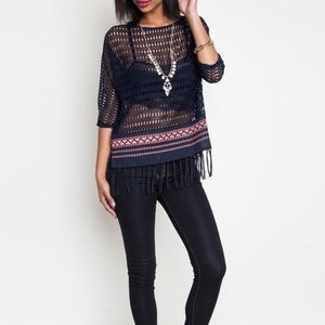 Fringe Embroidered Mesh Lace Tunic Top Size S M L
