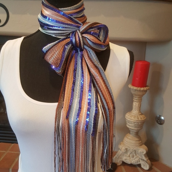 Blue, Peach and White Sequined Scarf New - Picture 3 of 8