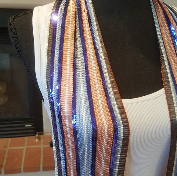 Blue, Peach and White Sequined Scarf New - Picture 5 of 8