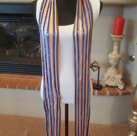 Blue, Peach and White Sequined Scarf New - Picture 6 of 8