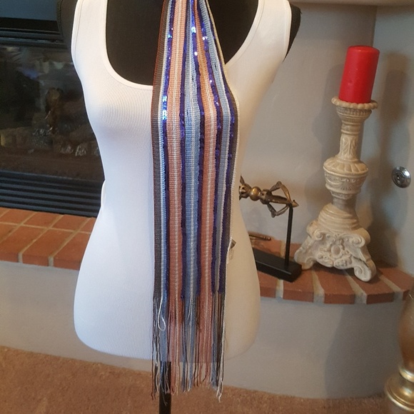 Blue, Peach and White Sequined Scarf New - Picture 7 of 8