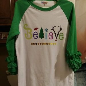 Girls Christmas believe ruffle Raglan