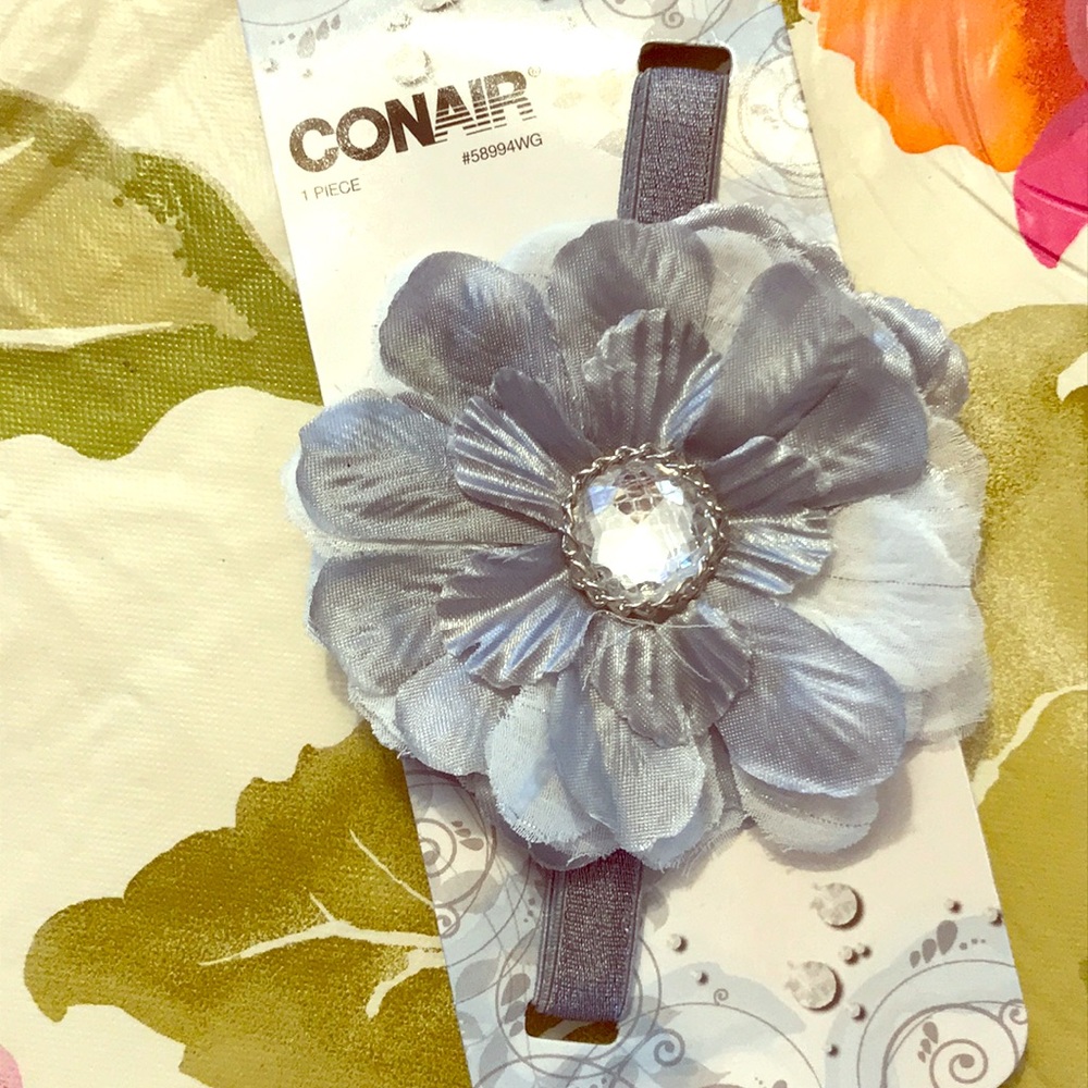Silver/grey flower headband with rhinestone center
