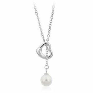 7077 Silver Hollow Heart with Pearl Drop Necklace