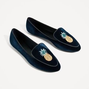 ZARA Velvet Flats With Embroidery