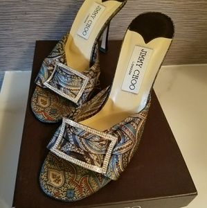 Jimmy Choo Silk Paisley Print Sandals w/crystals