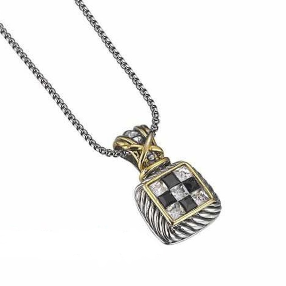 7078 Two Tone CZ and Onyx Checkered Necklace