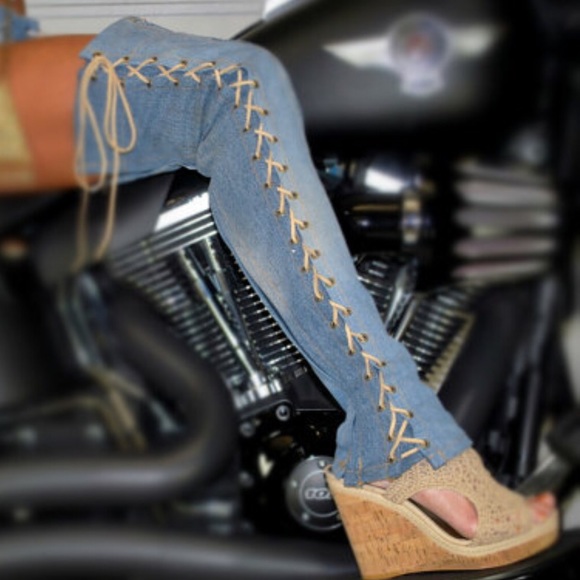 NWOT Over the Knee Lace Up Denim Boots/Chaps.