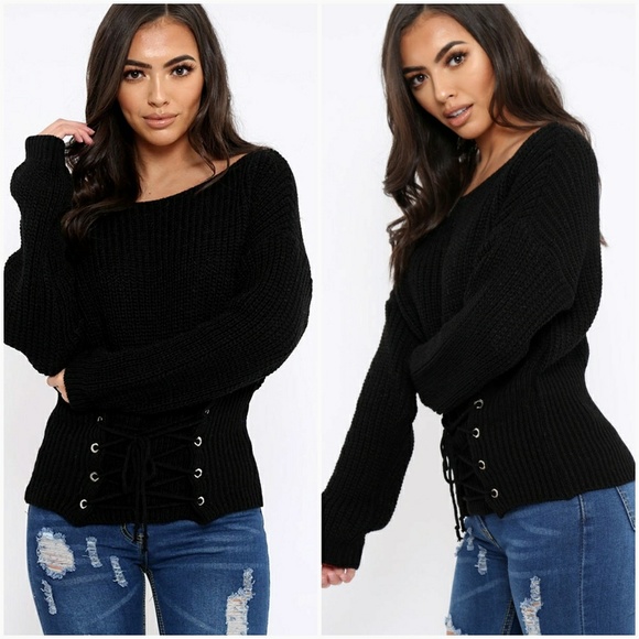 Black Knit Corset Front Chunky Sweater - Picture 3 of 4