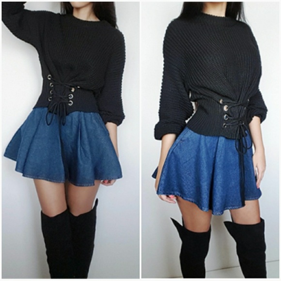 Black Knit Corset Front Chunky Sweater - Picture 2 of 4