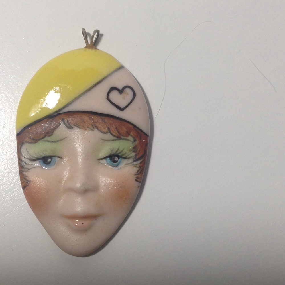 Flapper woman face Bisque Charm Vtg Signed