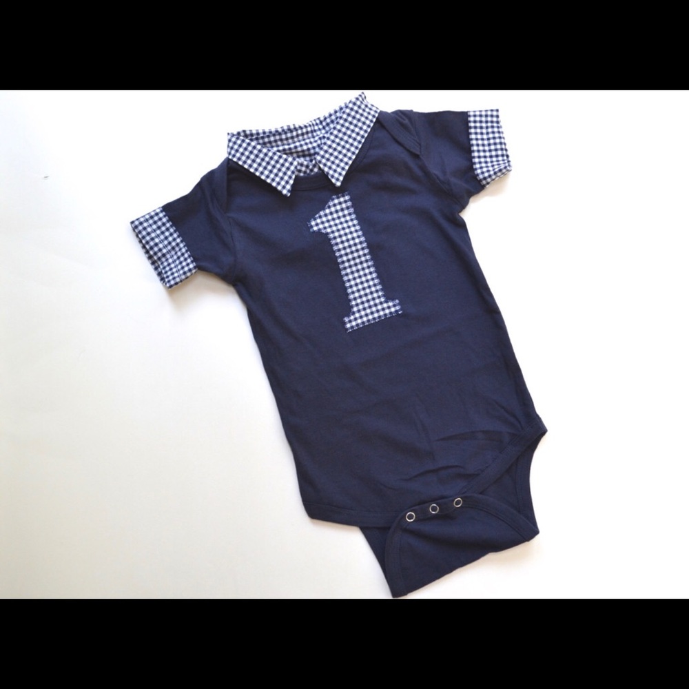 Blue gingham one year shirt photo shoot