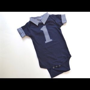 Blue gingham one year shirt photo shoot