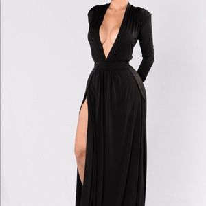 Deep V-neck dress w/ double slit