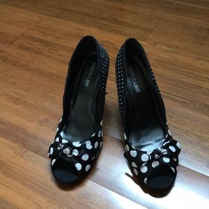 Polka dot open toe wedges
