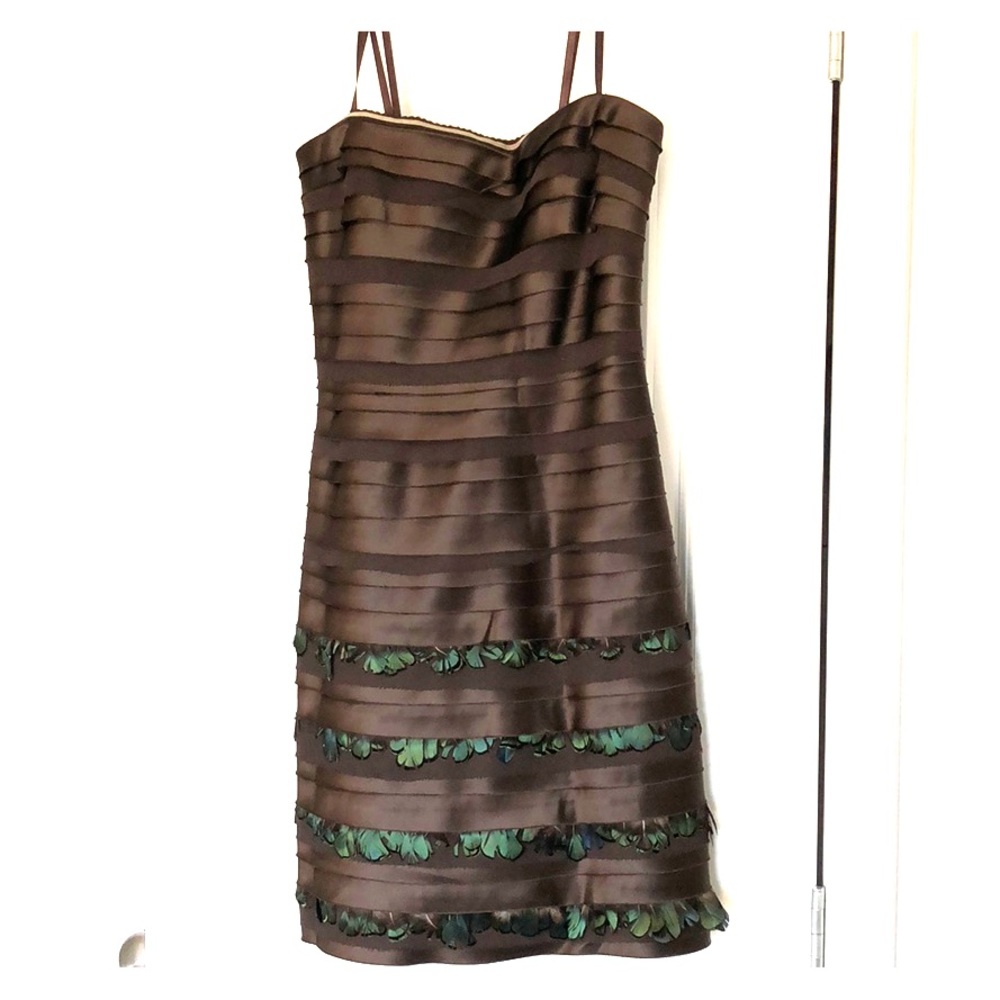 Brown strapless with chiffon and peacock details