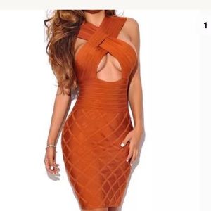HMS Burnt Brown Bandage Crossover Caged Dress XS