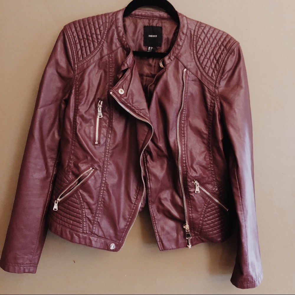 F21 Burgundy Quilted Leather Moto Jacket, size L!