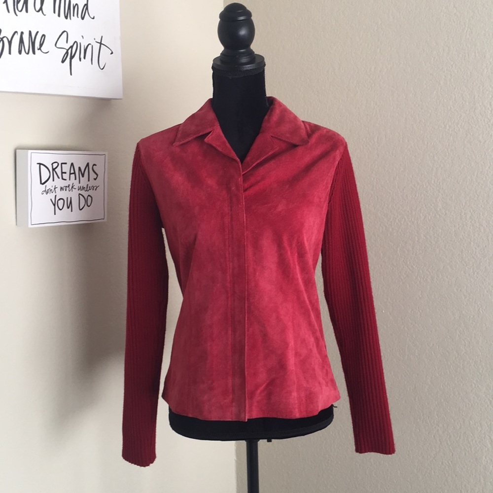 Red Suede and Knit Zip Up Jacket Clothes by Revue