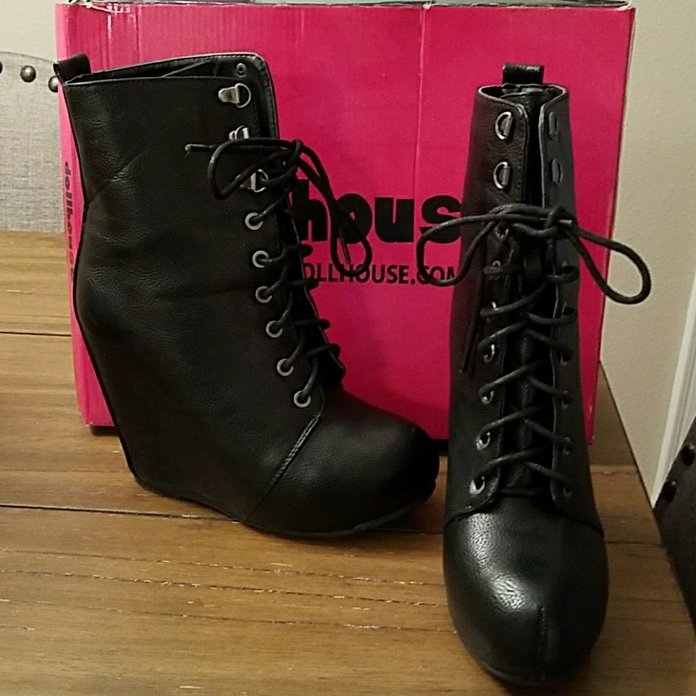 Black faux leather wedge boots