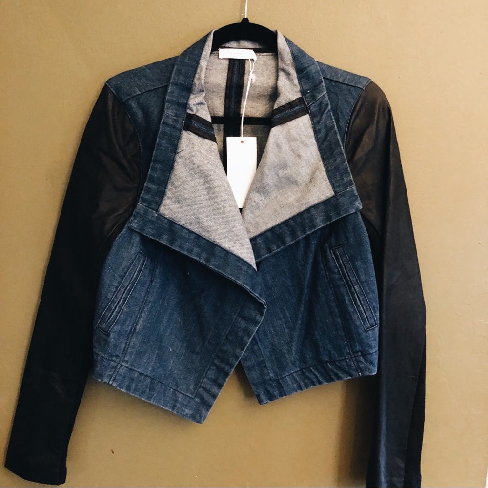 LUSH Jean + Faux Leather Combo Moto Jacket, size M