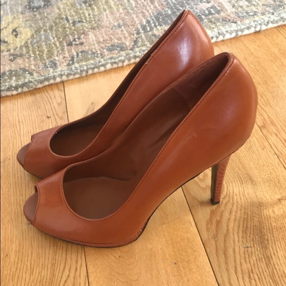 Ralph Lauren Camel Leather Peep Toe Heels