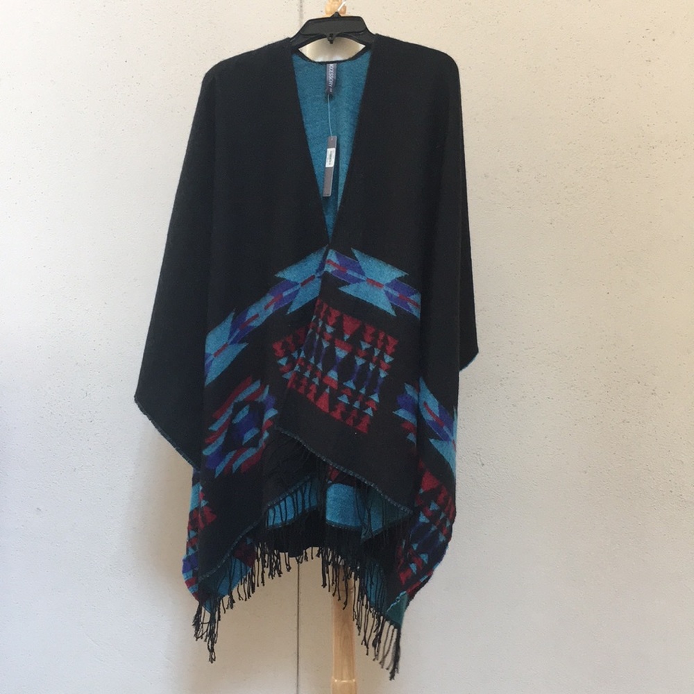 Multi Pattern Fringe Poncho/Wrap - Picture 5 of 6